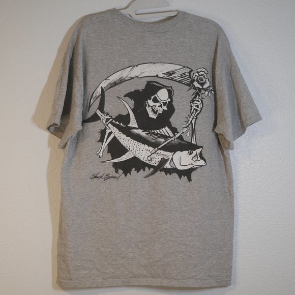 Gildan Shirt Mens Size L Long Sleeve Heathered Gray Fish Graphic Chuck Byron - Picture 6 of 7